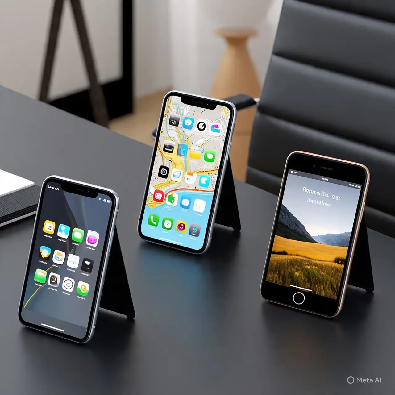 A collection of modern iPhones showing different apps and services.