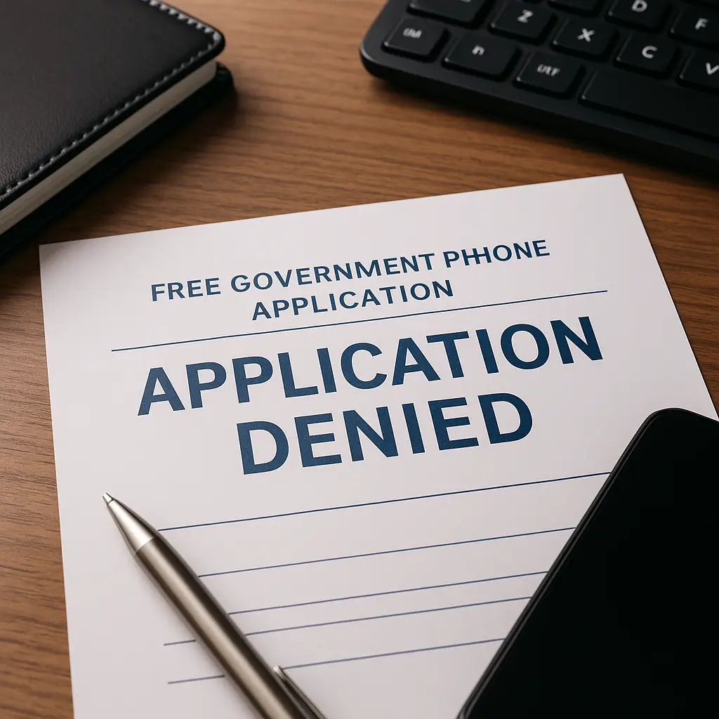 A denial letter for a free government phone application on a desk.